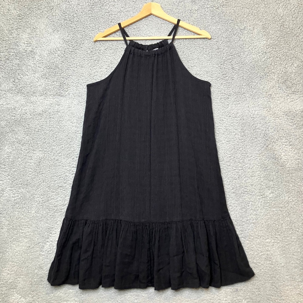 Old Navy Shift Dress Women M Black Cotton Textured Gauze Halter Ruffle Lagenlook